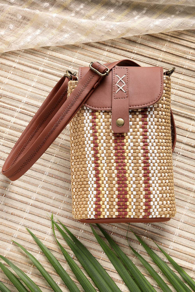 Brown Striped Woven Design Canvas Sling Bag (ADB5354A)