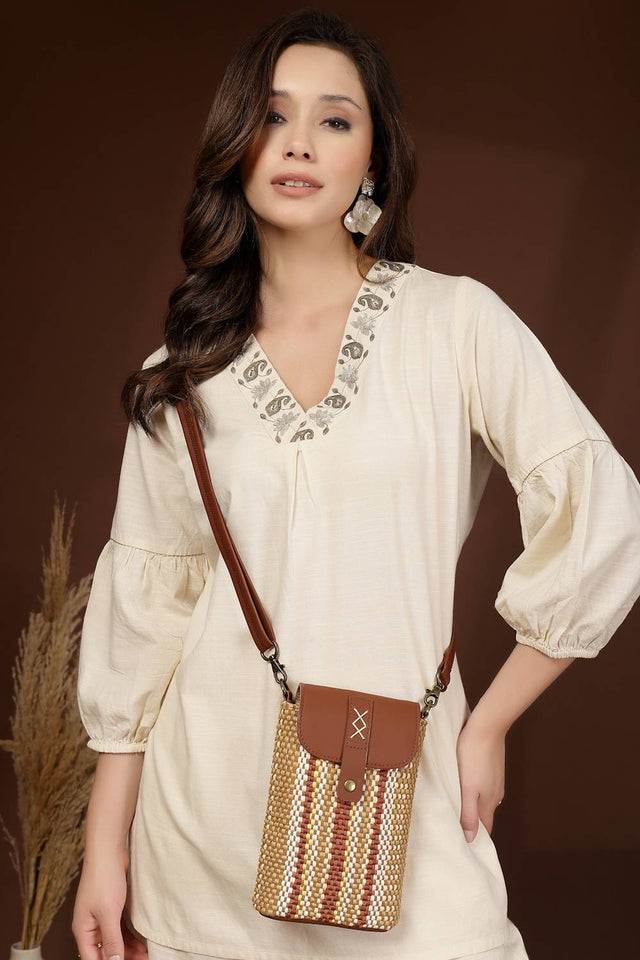 Brown Striped Woven Design Canvas Sling Bag (ADB5354A)
