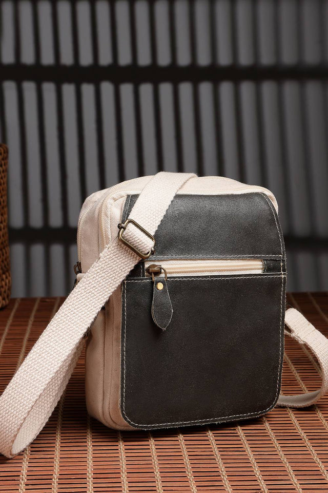 Off White Solid Design with Flap Detailing Cotton Sling Bag (ADB5367A)