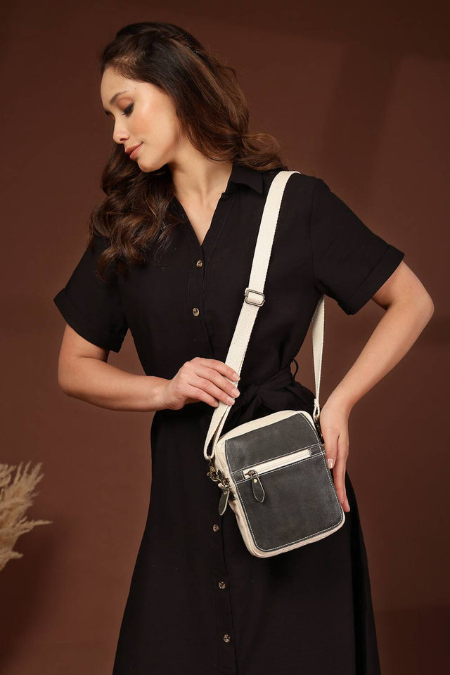 Off White Solid Design with Flap Detailing Cotton Sling Bag (ADB5367A)