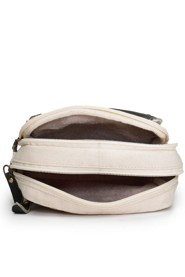 Off White Solid Design with Flap Detailing Cotton Sling Bag (ADB5367A)