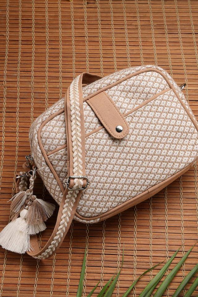 Off White Woven Diamond Motifs Cotton Sling Bag (ADB5374A)
