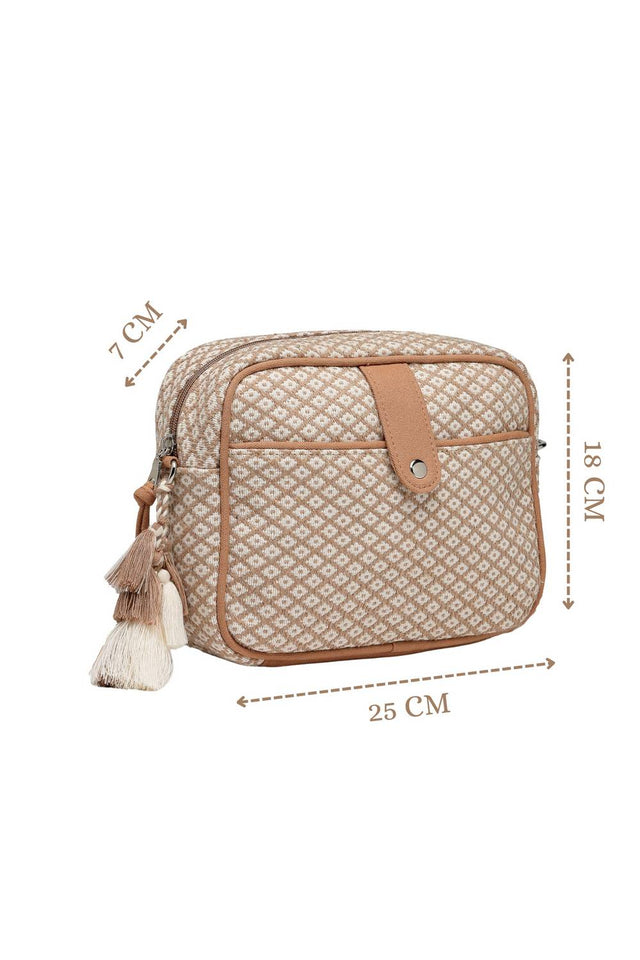 Off White Woven Diamond Motifs Cotton Sling Bag (ADB5374A)