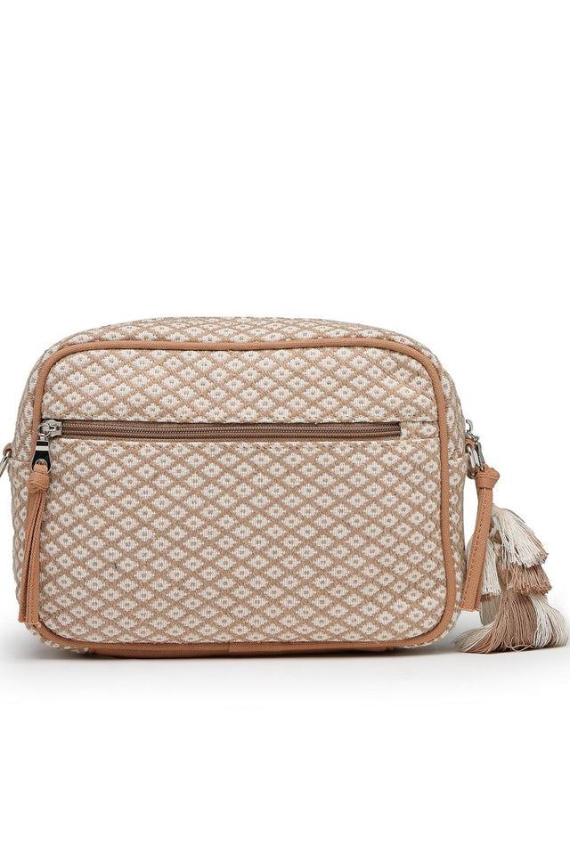 Off White Woven Diamond Motifs Cotton Sling Bag (ADB5374A)