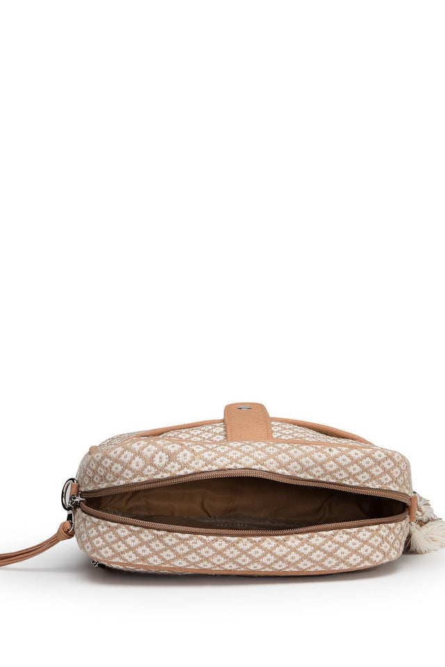 Off White Woven Diamond Motifs Cotton Sling Bag (ADB5374A)