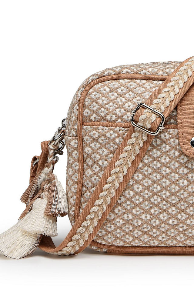 Off White Woven Diamond Motifs Cotton Sling Bag (ADB5374A)