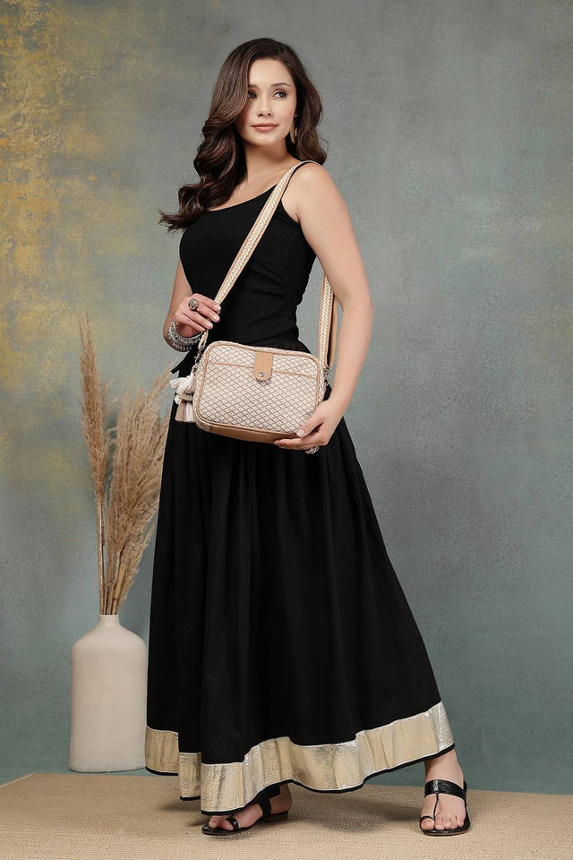 Off White Woven Diamond Motifs Cotton Sling Bag (ADB5374A)