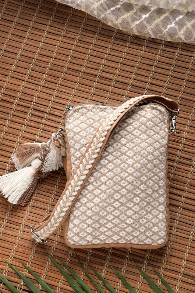 Off White Woven Diamond Motifs Cotton Sling Bag (ADB5375A)