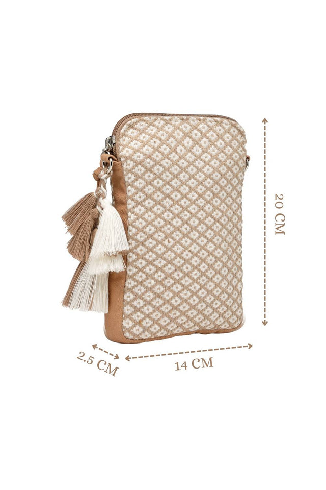 Off White Woven Diamond Motifs Cotton Sling Bag (ADB5375A)