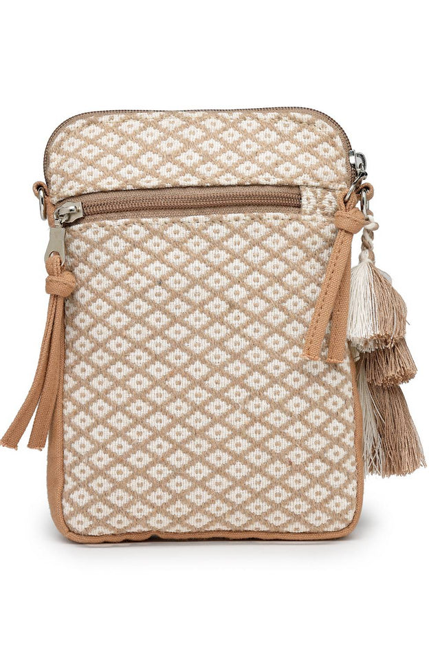 Off White Woven Diamond Motifs Cotton Sling Bag (ADB5375A)