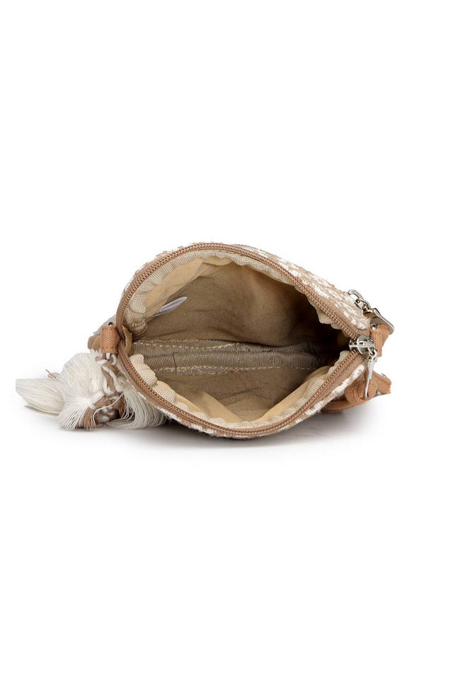 Off White Woven Diamond Motifs Cotton Sling Bag (ADB5375A)