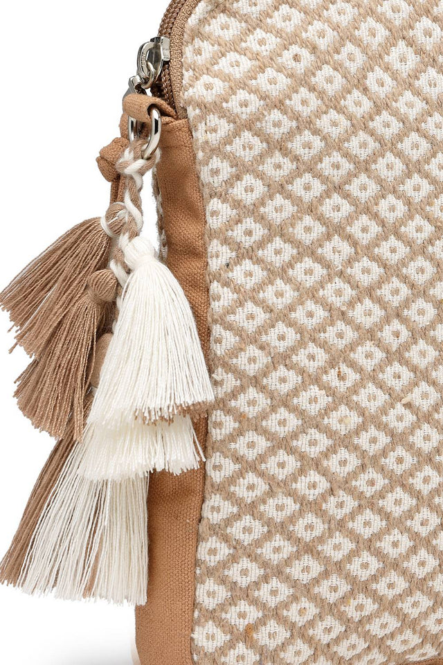 Off White Woven Diamond Motifs Cotton Sling Bag (ADB5375A)