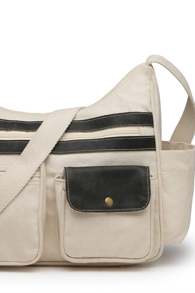 Off White Solid Cotton Sling Bag (ADB5376A)