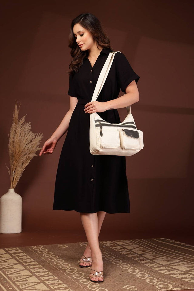 Off White Solid Cotton Sling Bag (ADB5376A)