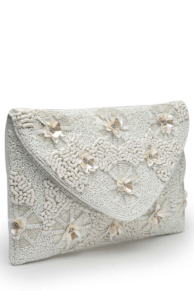 Boho White Floral Embellished Cotton Canvas Sling Bag