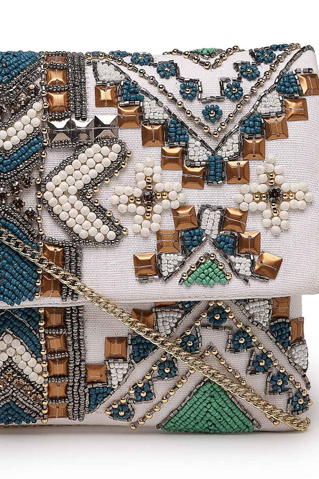 White Ethnic Motifs Embellished Cotton Sling Bag