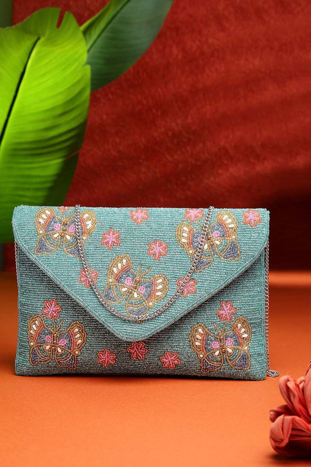 Turquoise Beads Satin Sling Bag (ADBT1050A)