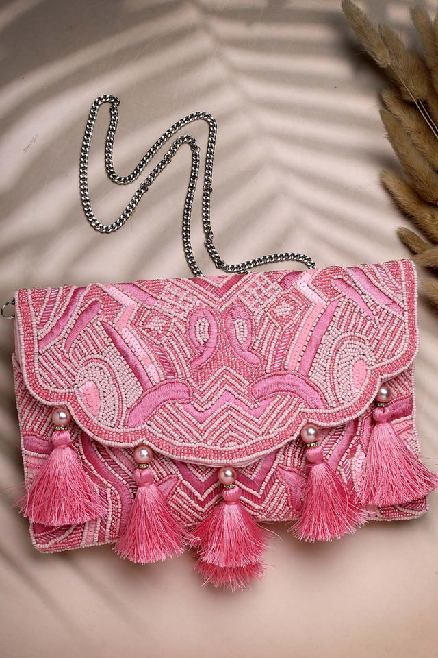 Pink Beads Satin Sling Bag