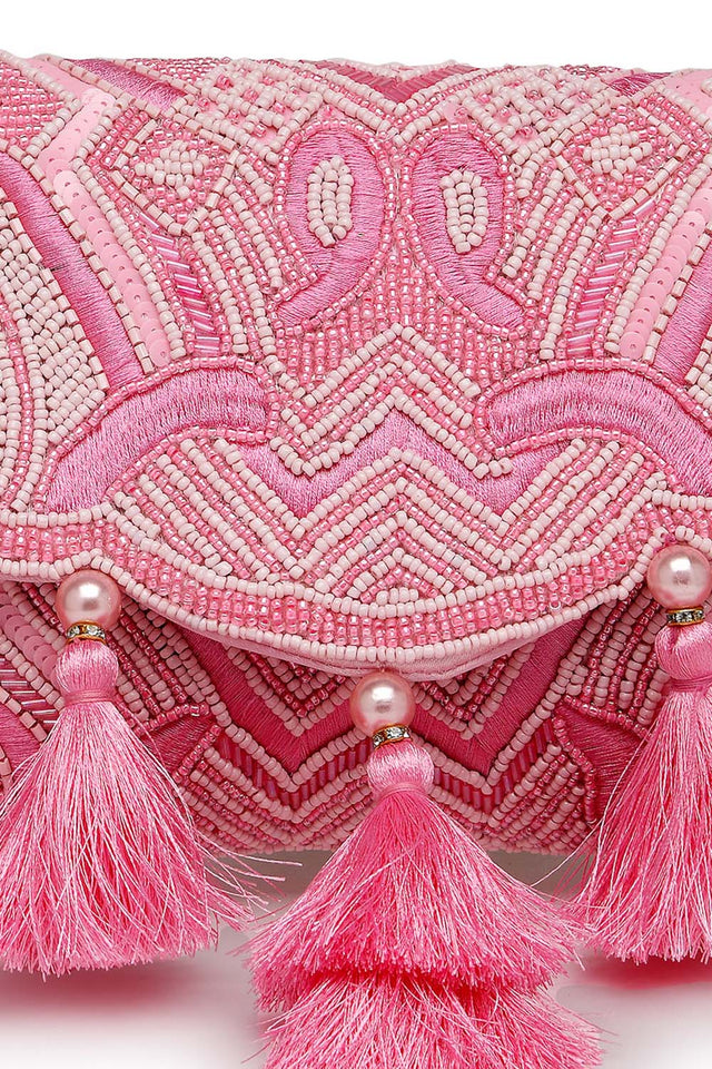 Pink Beads Satin Sling Bag