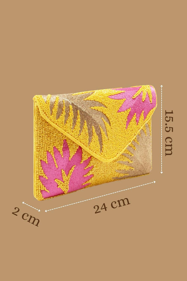 Yellow Palm Leaf Embroidered Satin Sling Bag