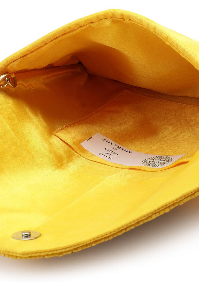 Yellow Palm Leaf Embroidered Satin Sling Bag