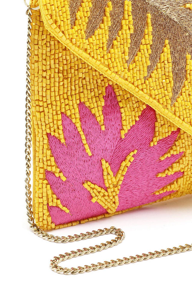 Yellow Palm Leaf Embroidered Satin Sling Bag