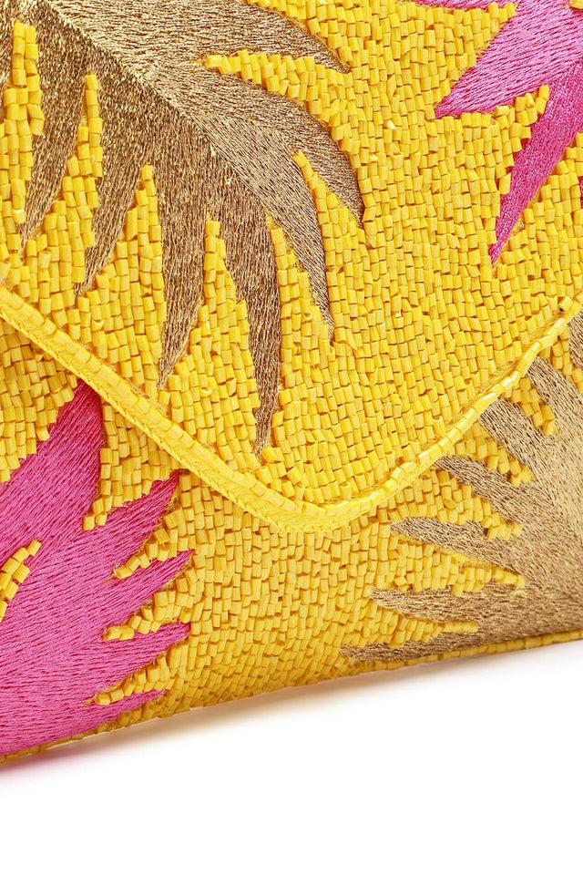 Yellow Palm Leaf Embroidered Satin Sling Bag