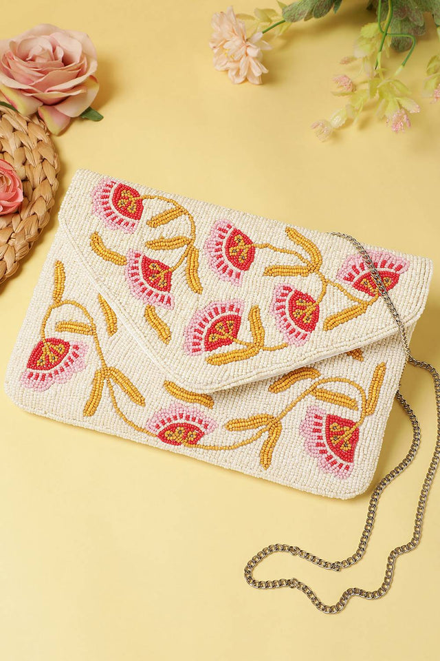 Cream Floral Vine Beaded Canvas Sling Bag