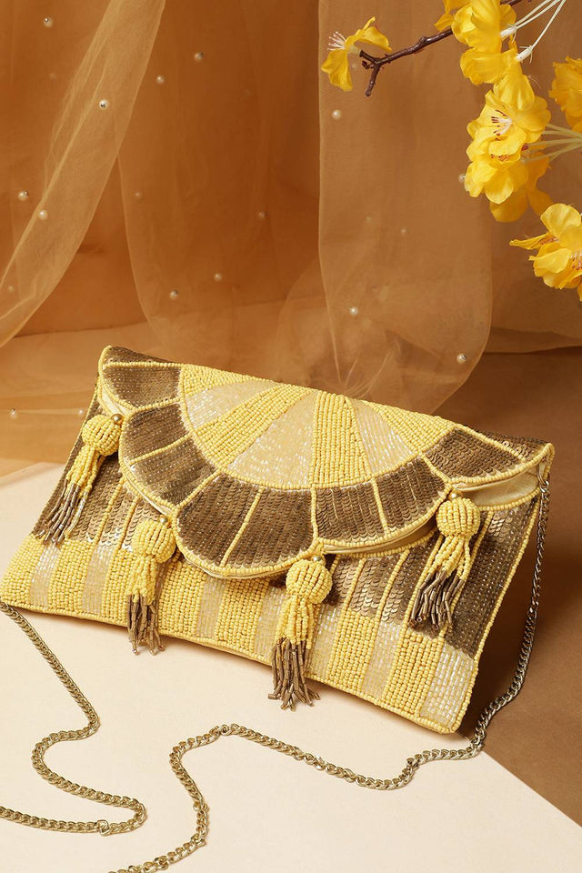 Yellow Sunburst Beaded Satin Sling Bag