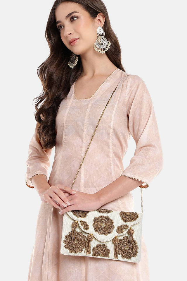 Cream Floral Beadwork Canvas Sling Bag