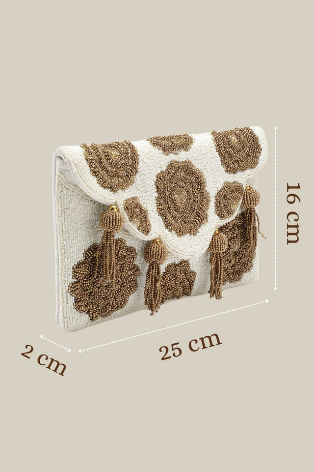 Cream Floral Beadwork Canvas Sling Bag