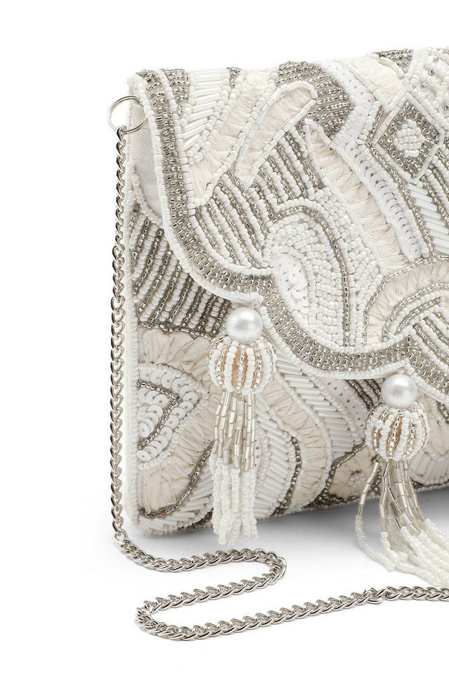 Cream Ethnic Embellished Satin Sling Bag