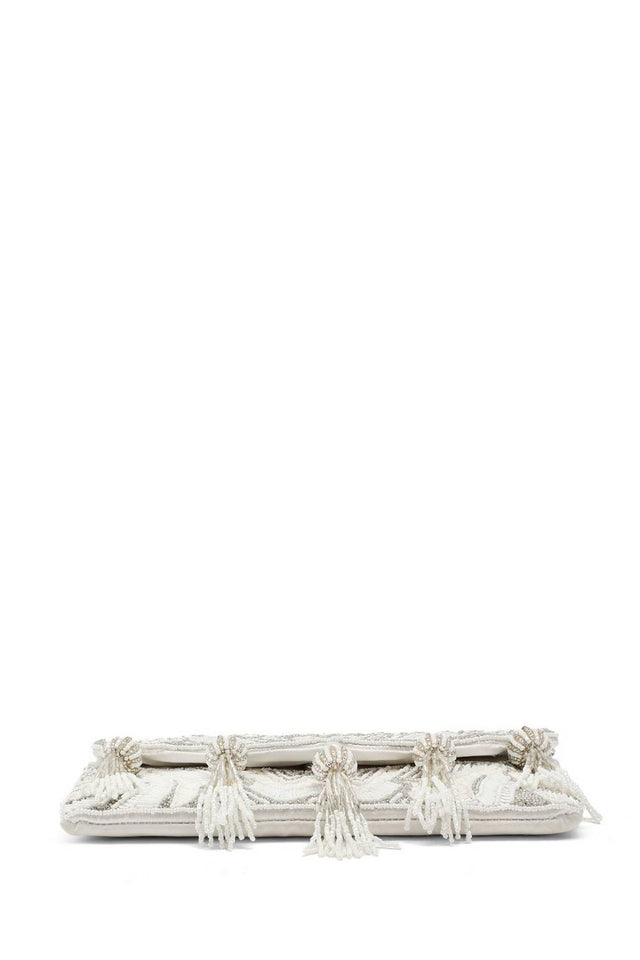 Cream Ethnic Embellished Satin Sling Bag