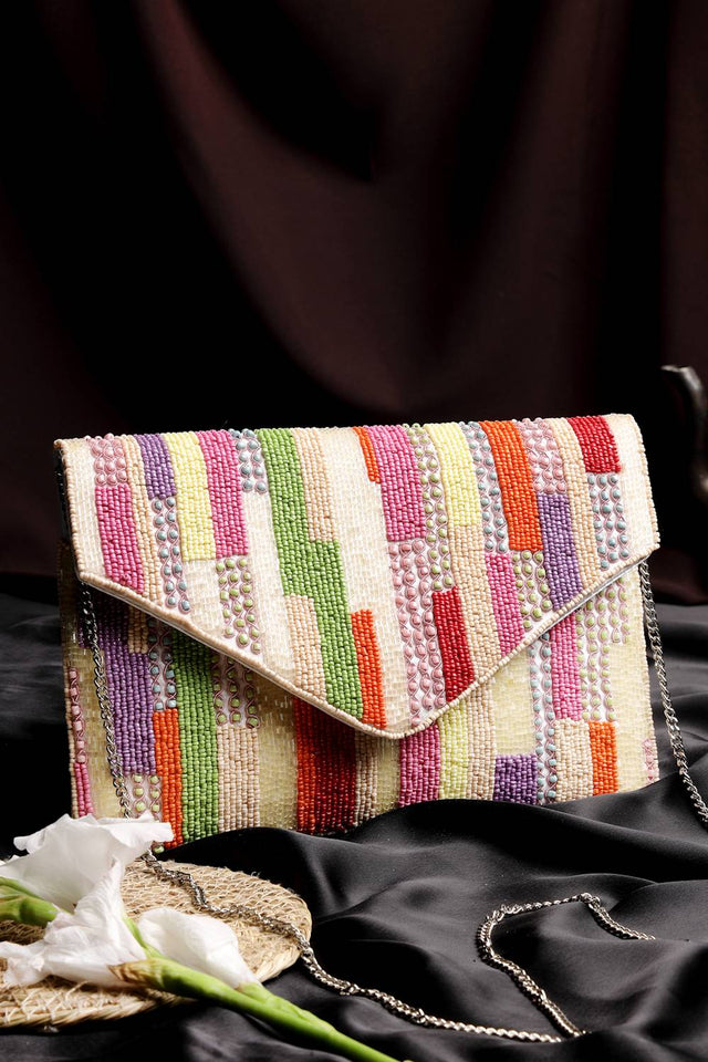Multi Color Striped Embellished Satin Sling Bag (ADBT1065A)