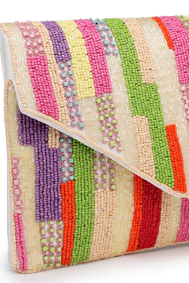 Multi Color Striped Embellished Satin Sling Bag (ADBT1065A)