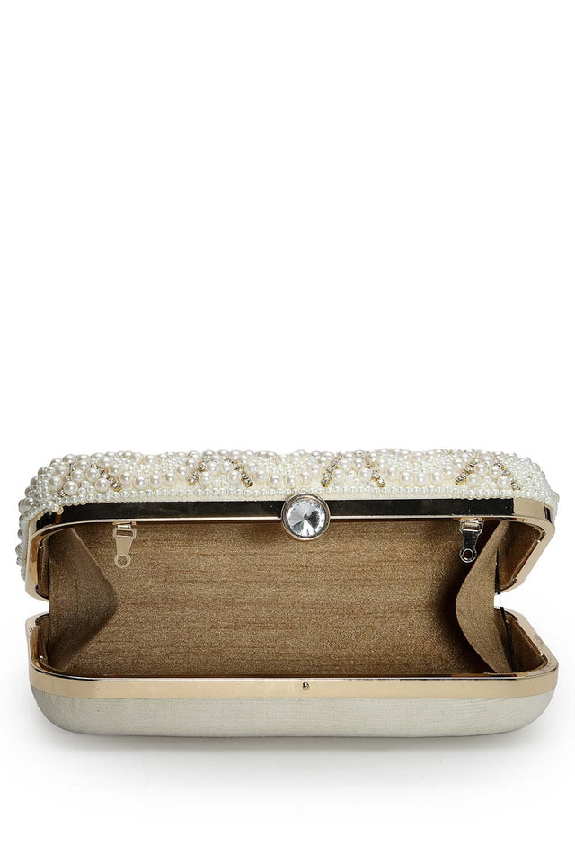 Adorn Off White Pearl Embellished Corduroy Clutch