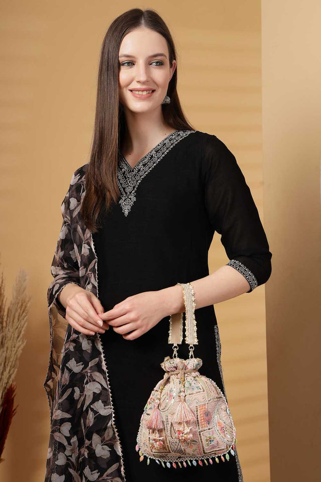 Pink Embroidered Georgette Potli