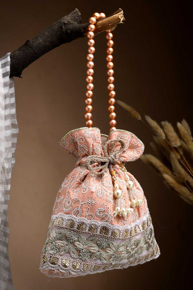 Peach Embroidered Faux Silk Potli