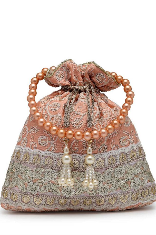 Peach Embroidered Faux Silk Potli