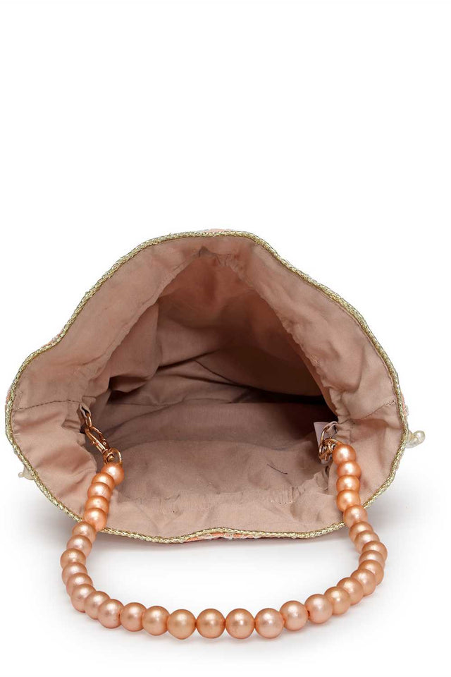 Peach Embroidered Faux Silk Potli