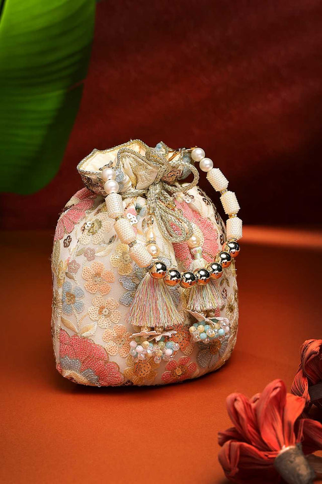 White Embellished Georgette Potli