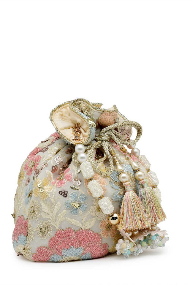 White Embellished Georgette Potli