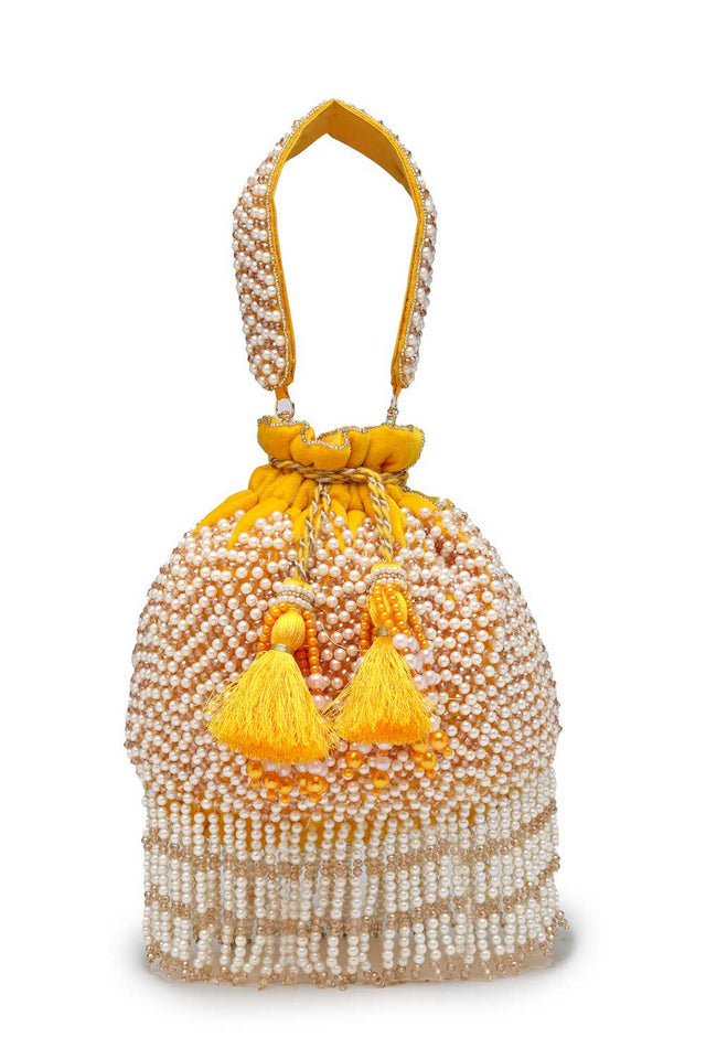 Yellow Embellished Velvet Potli