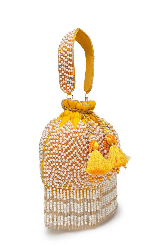 Yellow Embellished Velvet Potli