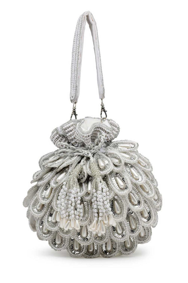 White Embellished Velvet Potli