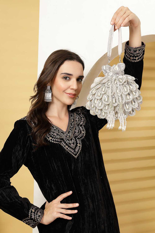 White Embellished Velvet Potli