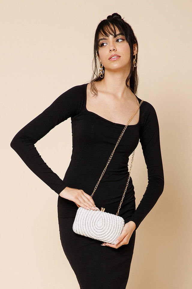 Silver Beads Embossed Velvet Clutch