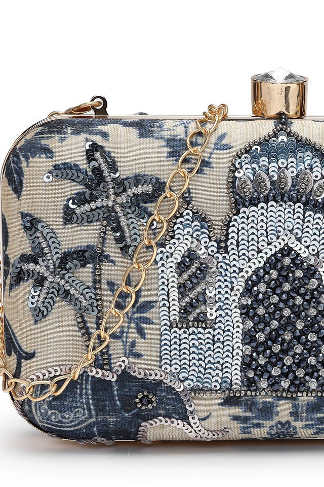 Multi Color Beads Embossed Faux Silk Clutch