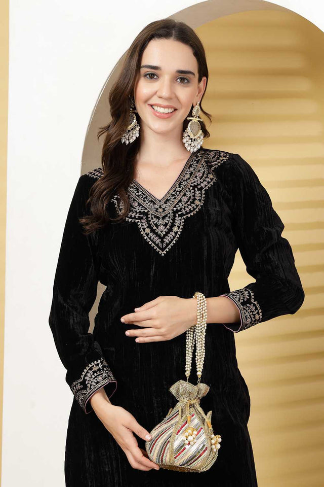 Gold Embellished Faux Silk Potli