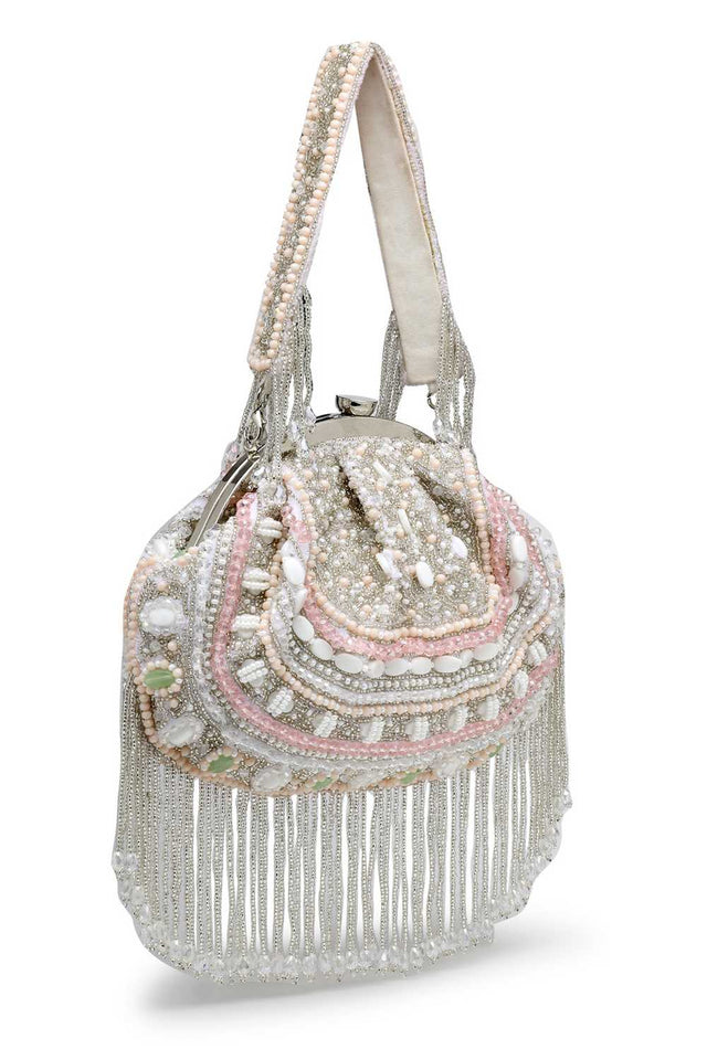 White Embellished Faux Silk Clutch